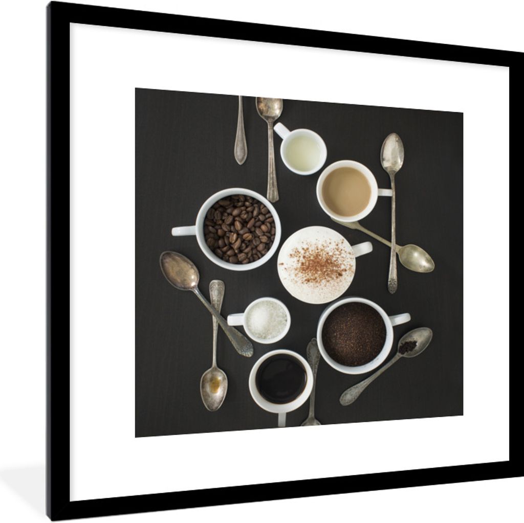 MuchoWow Gerahmtes Poster Ein Blick von oben auf die Inhaltsstoffe von Kaffee 40x40 cm - Poster mit Schwarzem Bilderrahmen Wandposter Rahmen Foto...