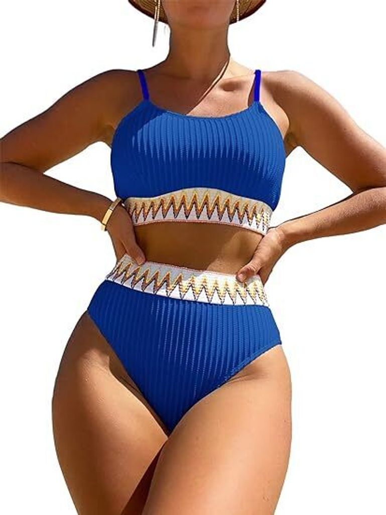 Push-Up-Bikini Damen-Bikini-Set gerippt hoch tailliert Badeanzug Hoch tailliertes geripptes Bikini-Crop-Top Badeanzug-Set, 2-teilig