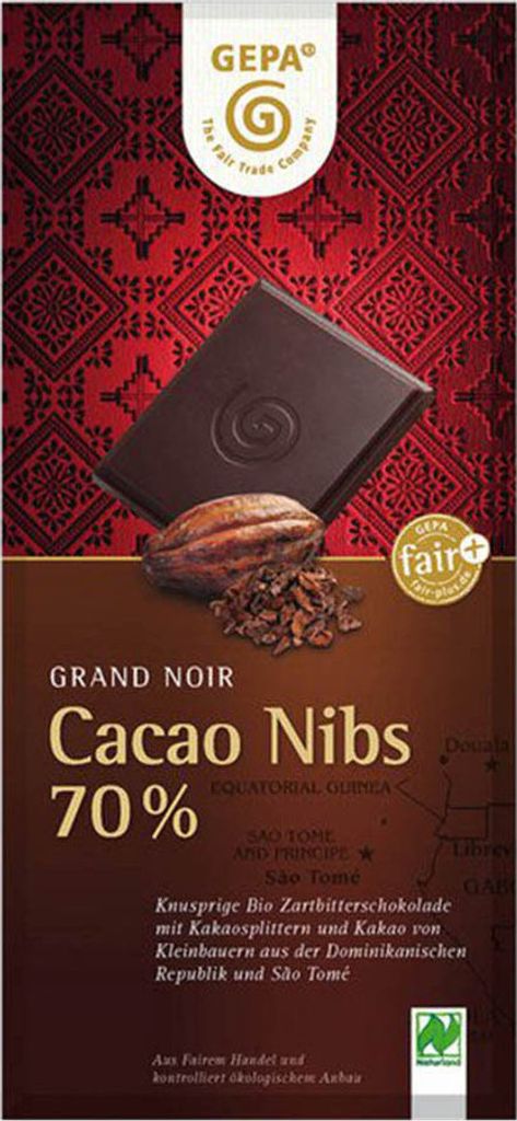A chocolate bar package with a depiction of a chocolate bar, cacao beans, and cacao nibs.