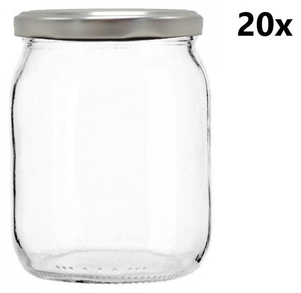 A clear glass jar with a silver lid is shown against a white background.