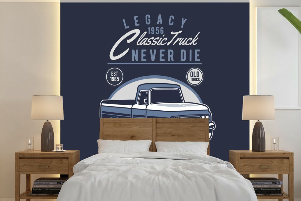 MuchoWow Fototapete für Wohnzimmer oder Schlafzimmer Wandtapete Vinyl Motivtapete Auto - Blau - Retro - Zeichnung - 300x300 cm - Wanddekoration