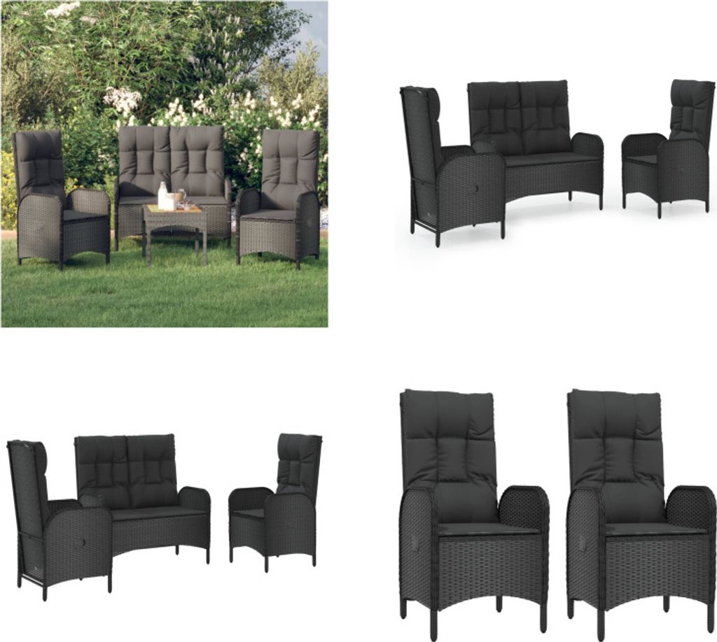 vidaXL 3 tlg. Garten Essgruppe mit Kissen Schwarz Poly Rattan - Garten Essgruppe - Garten Essgruppen - Essgruppe - Essgruppe Terrasse