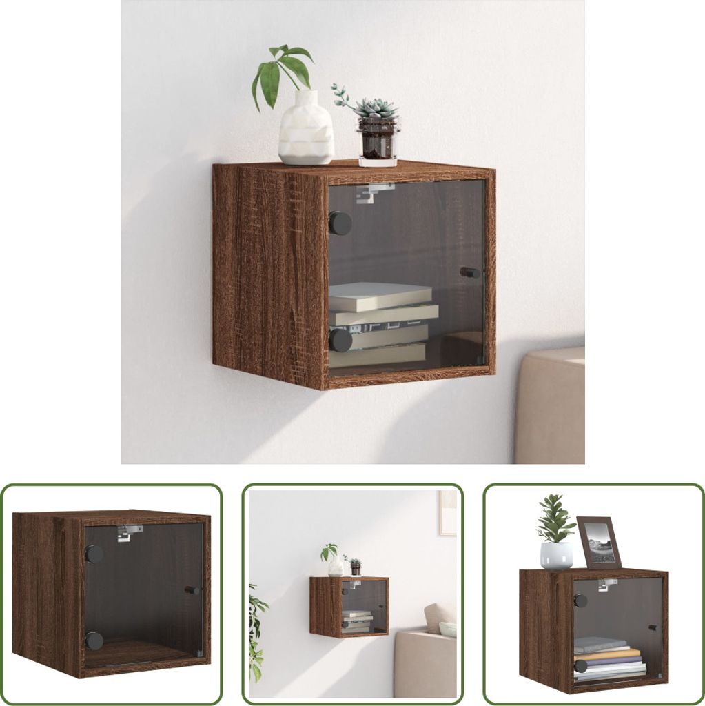 The Living Store Nachttisch mit Glastür Braun Eichen-Optik 35x37x35 cm