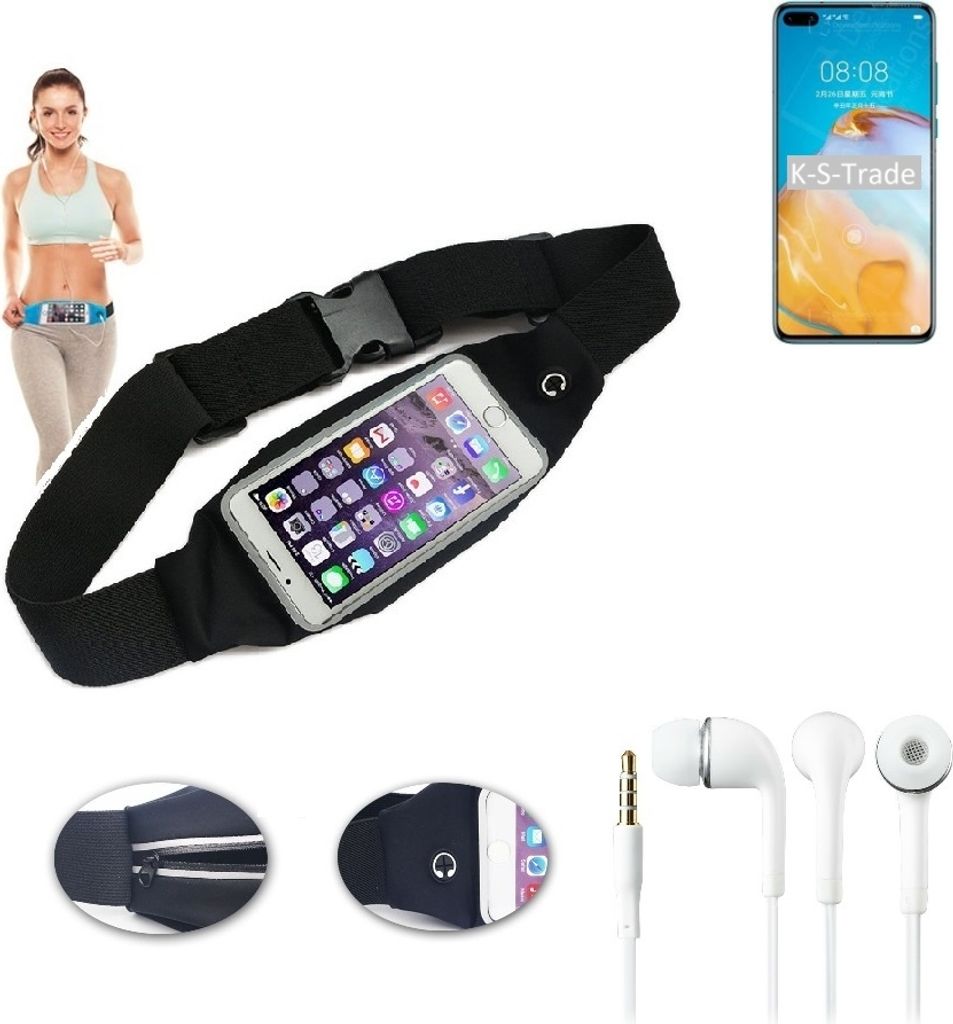 K-S-Trade Bauchtasche Gürteltasche kompatibel mit Huawei P40 4G schwarz + Kopfhörer. Sport Running Jogging Fitness Laufen Umhängetasche Exercise