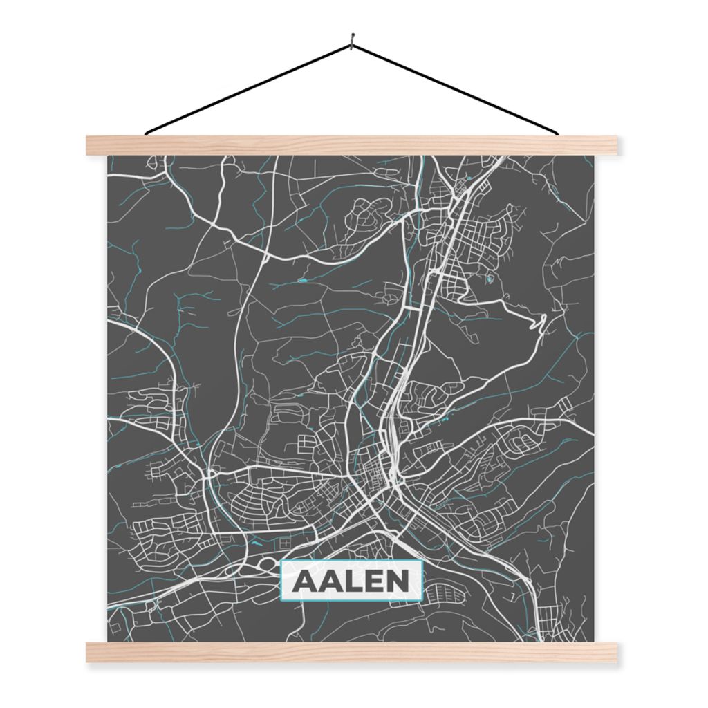 MuchoWow Textilposter Blau - Deutschland - Karte - Stadtplan - Aalen 40x40 cm mit holzfarbenen Rahmen - Posterleiste
