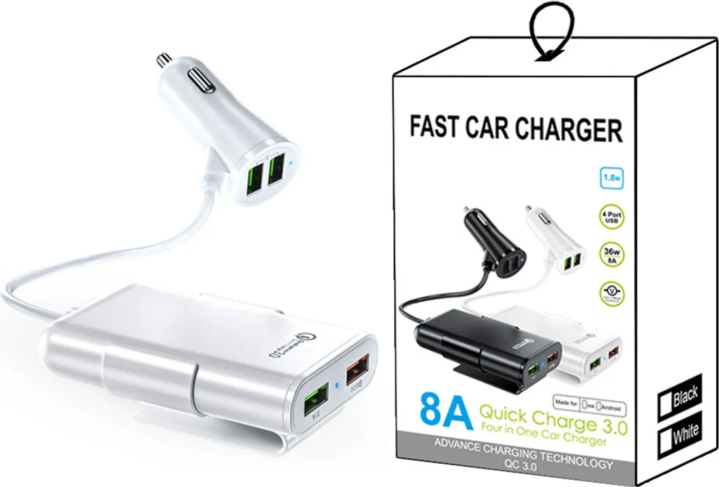 Caricatore Auto Multiporta 4 USB Bianco 8A QC 3.0 per Viaggi e Famiglia