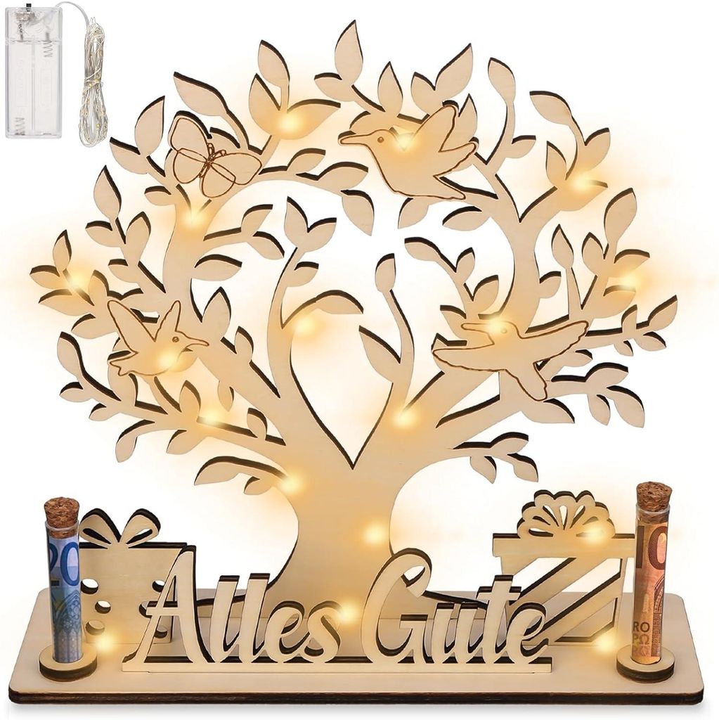 Geldbaum aus Holz mit LED-Beleuchtung, ein personalisiertes Geldgeschenk für Hochzeiten, Geburtstage, Männer, Frauen und Hochzeitspaare.