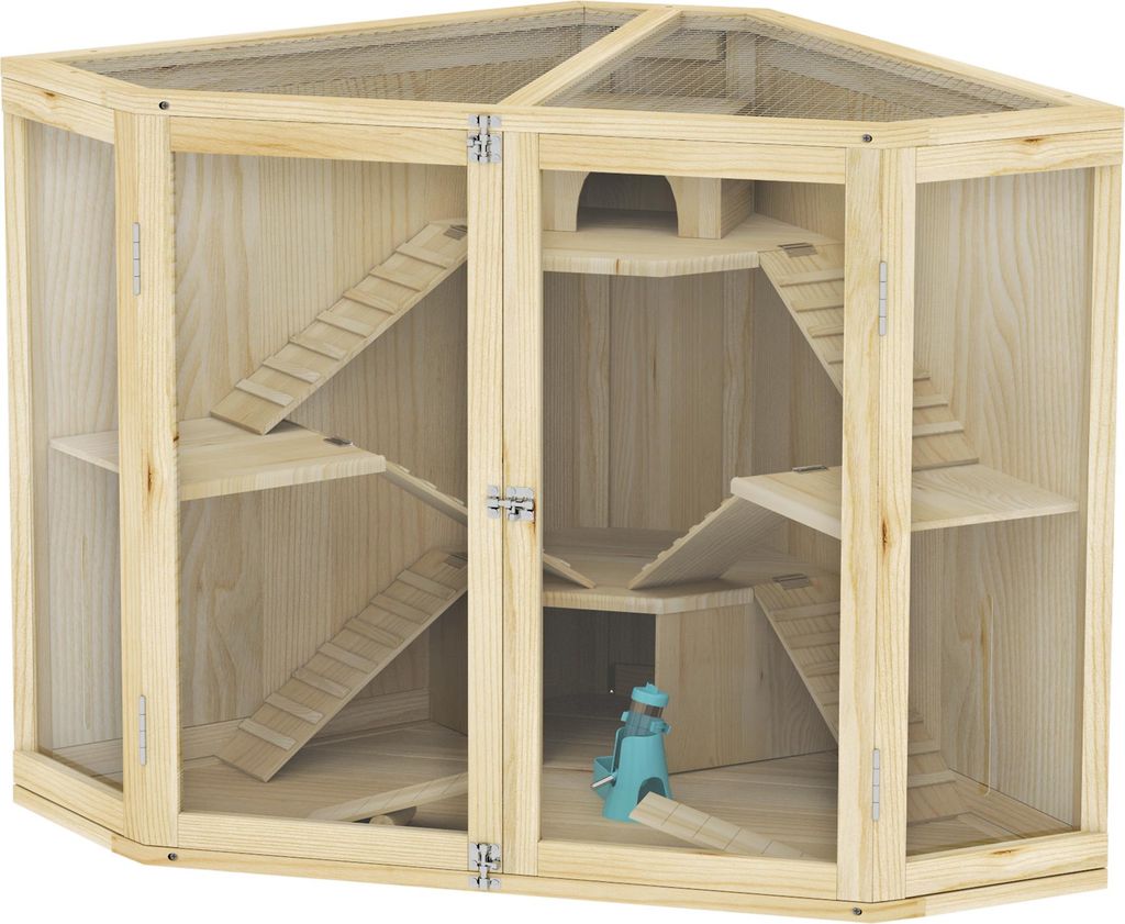 Hamsterkäfig, 4-Ebenen-Design, mit Fütterungsstation, Wippe, Rampe, Hütten, 115 x 69,5 x 79 cm, Holz