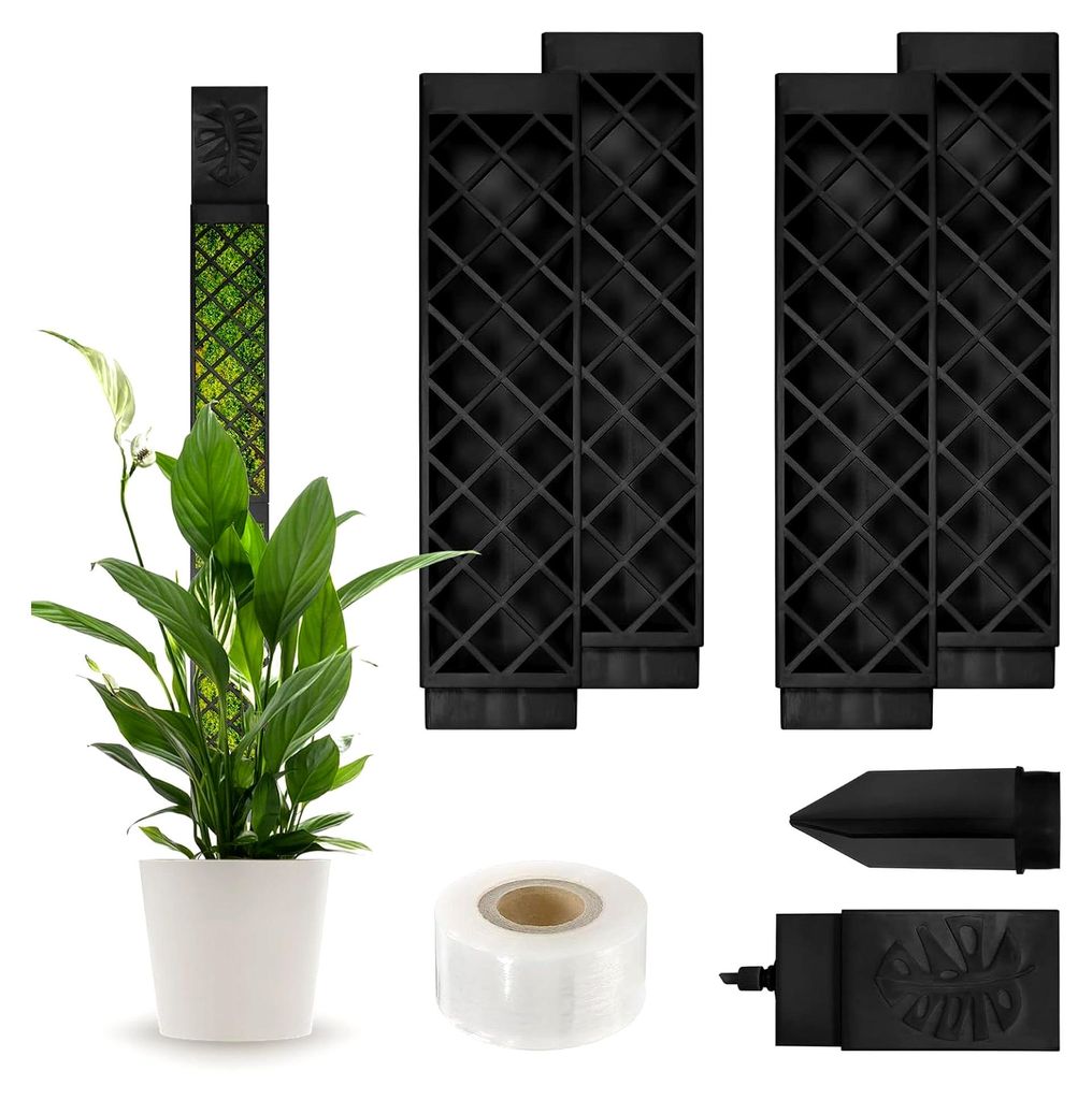 Selbstbewässernder Moosstab für Monstera und Efeutute, 4 Stück mit Bewässerungshilfe, Bodenspitzen und Befestigung, Rankhilfe für Kletterpflan...