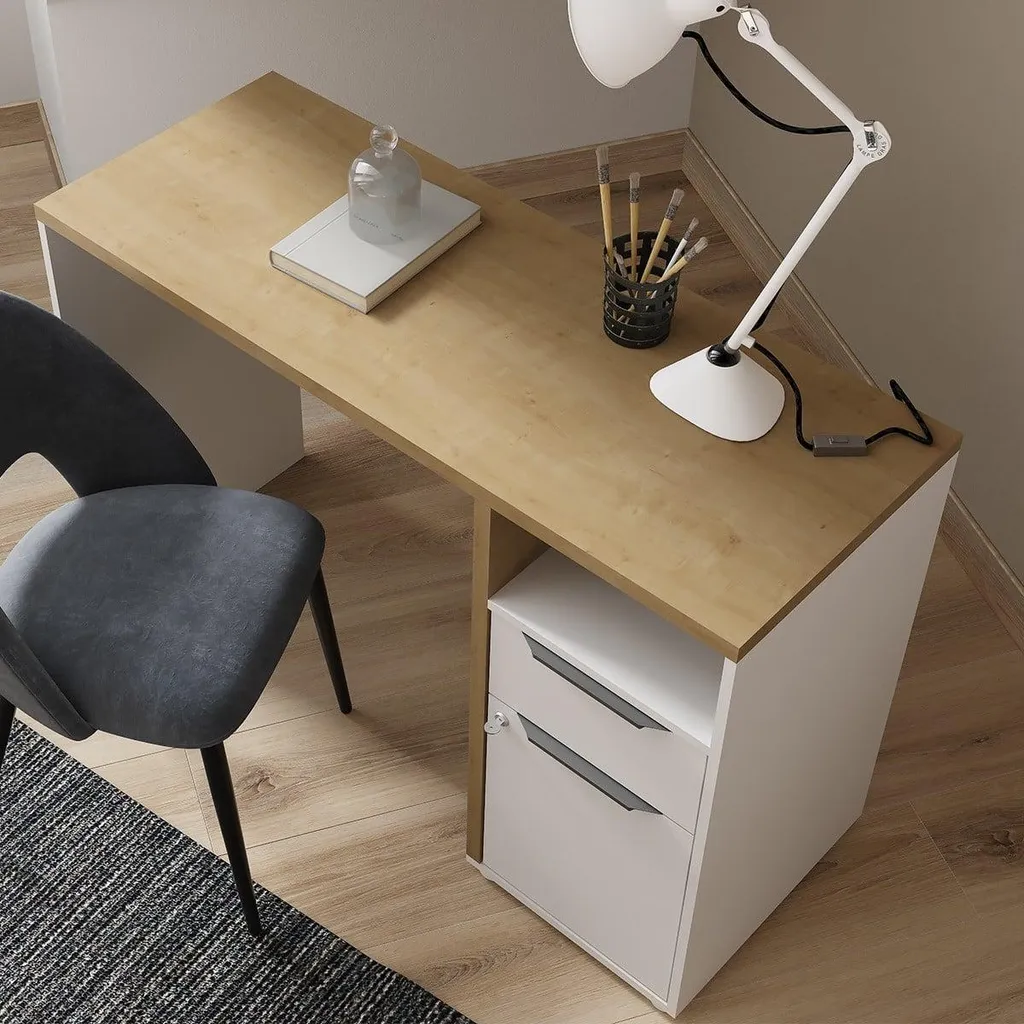 Bureau de Travail avec Rangement Intégré Chêne et Blanc Mat ACCESS