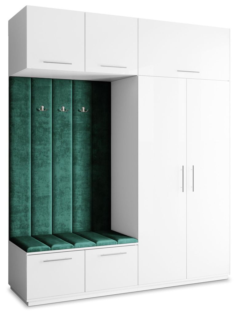 Masseno Garderobe-Set REMA 200/240/60 cm Modern Garderobenschrank Weiß, Veloursstoff MONOLITH 37 (Grün)