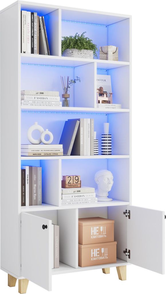 80x30x173cm Bücherregal, Beine aus Massivholz, mehrere Ablagefächer, Doppeltüren, LED-Farbwechsel-Ambientelicht, Fernbedienung, einfache Form,br...