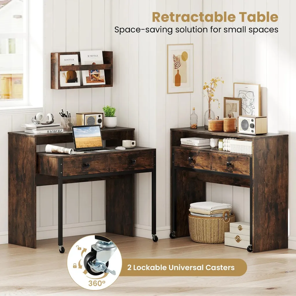 Bureau d'ordinateur extensible compact rectangulaire kaki en bois