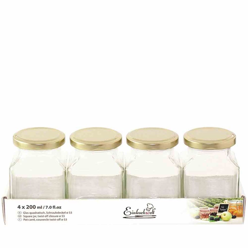 Quadratglas TO53 4x200ml Tray, mit Schraubdeckel, klar/gold, 4-teilig (1 Set)