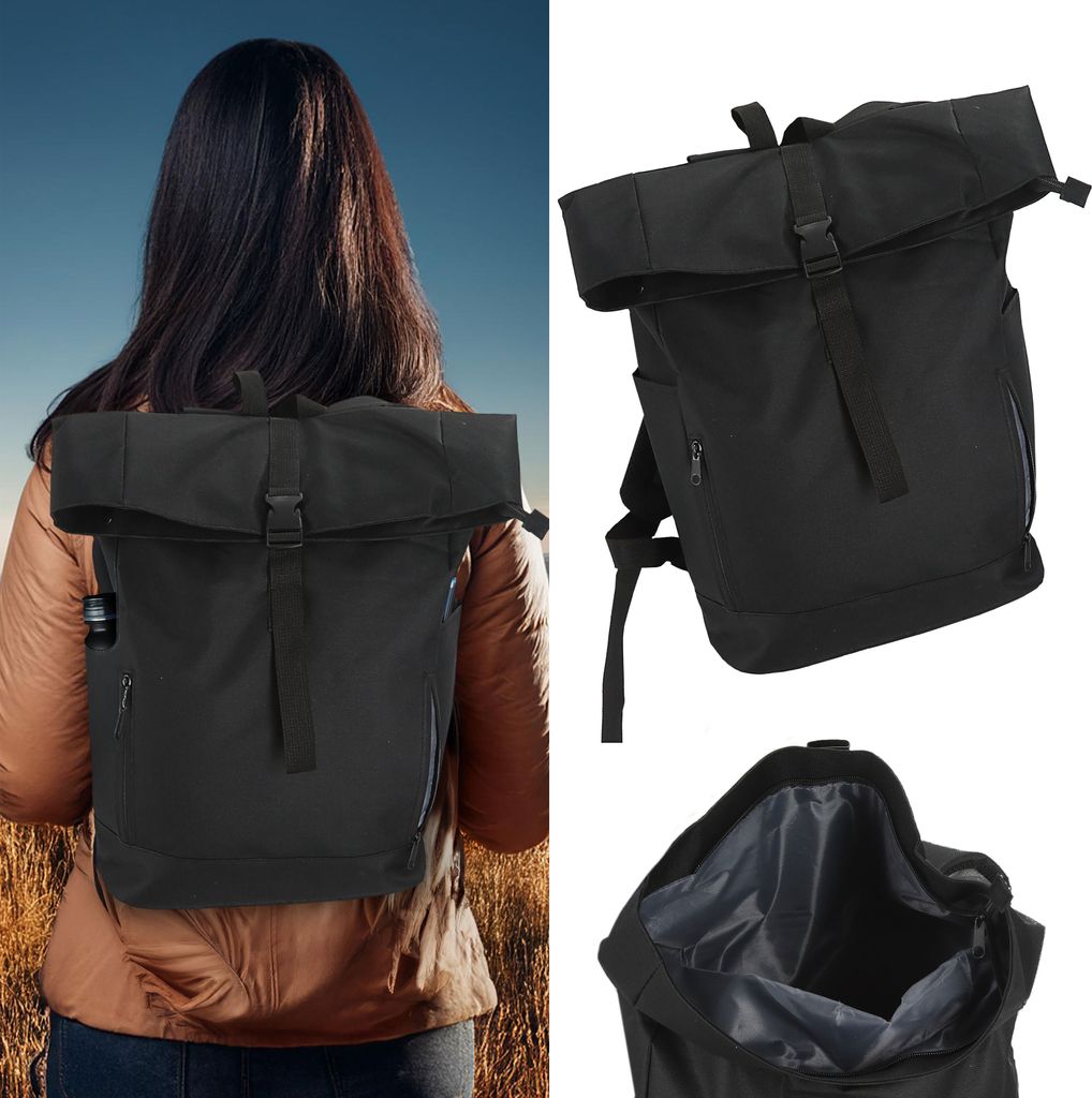 A collage of images showing a person wearing a black backpack, a close-up of the backpack, and an internal view of the backpack.