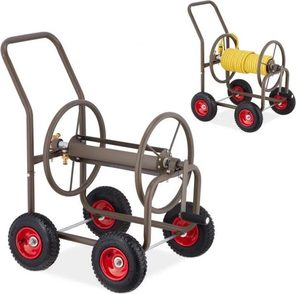 Dévidoir marron à 4 roues robuste pour tuyau d'arrosage de 60m