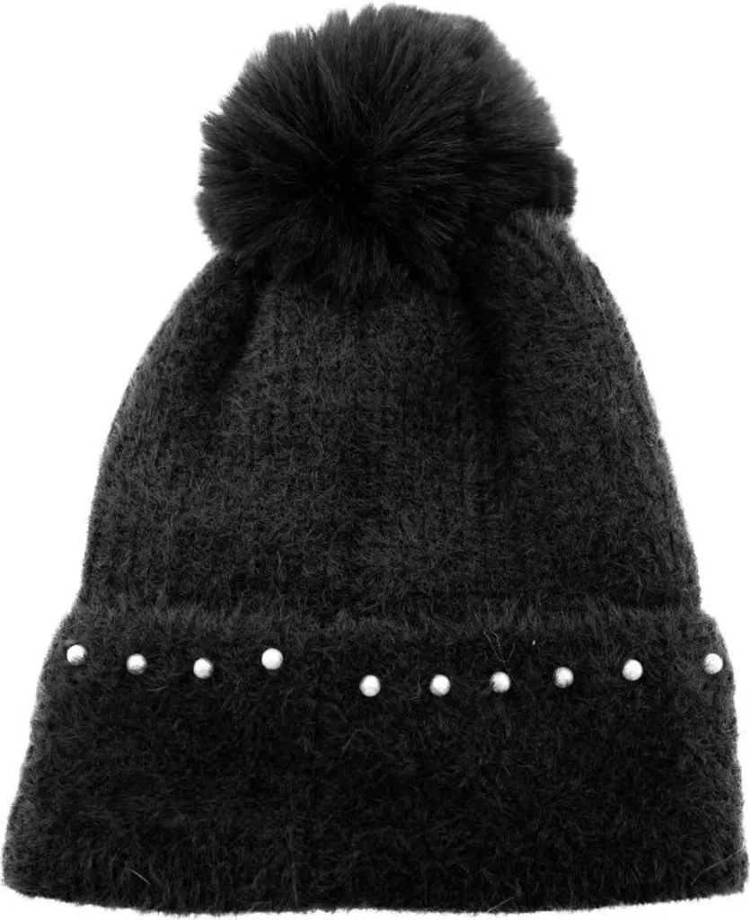 Berretto Elegante Nero da Donna - Ricamo Perline e Pompon Chic