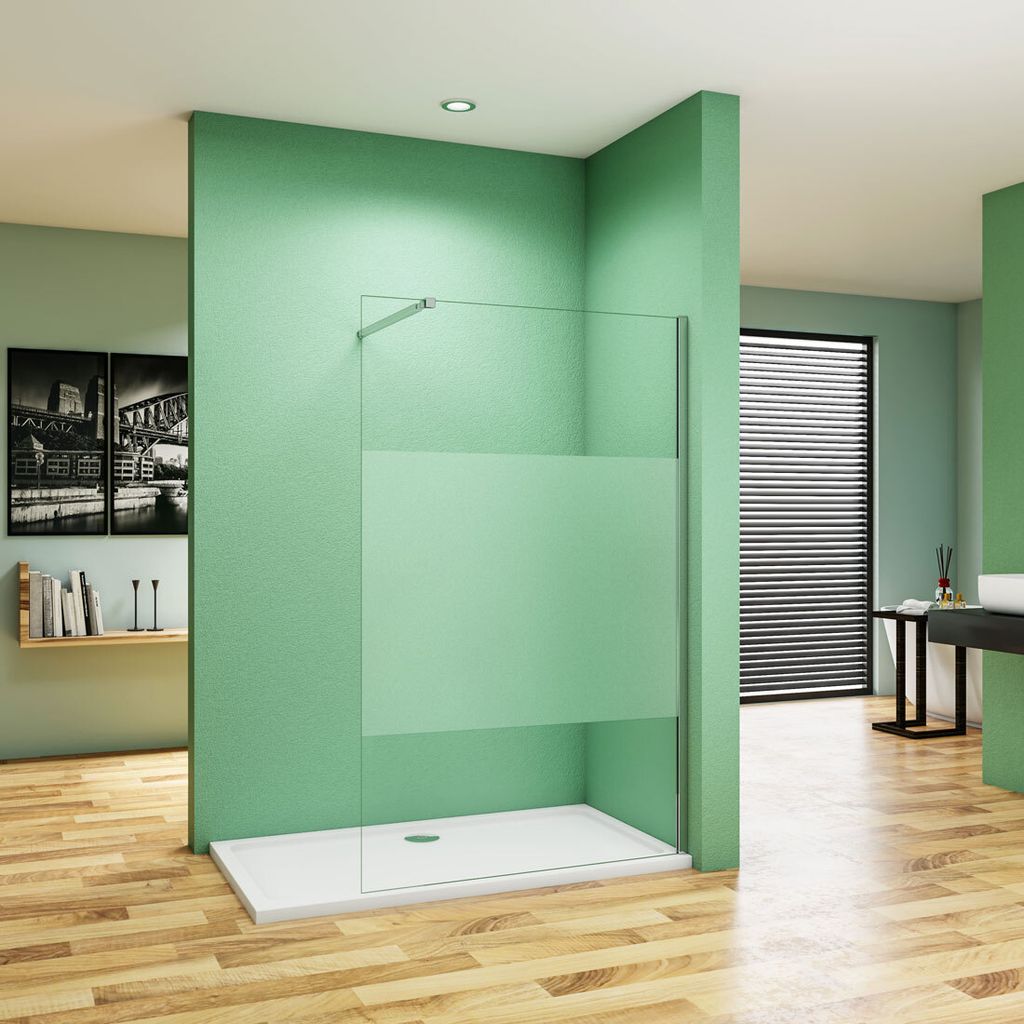 Walk in Duschwand 110x200cm Milchglasstreifen Duschabtrennung 8mm Nano ESG-Glas+73-120cm flexiblen Stange Duschkabinen F084