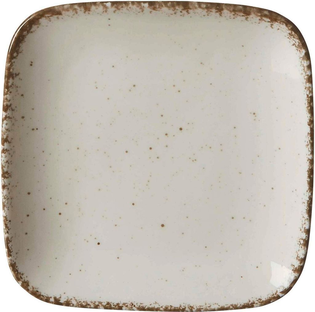 A single square plate with a speckled pattern and a distressed brown rim, shown from a top-down perspective on a white background.