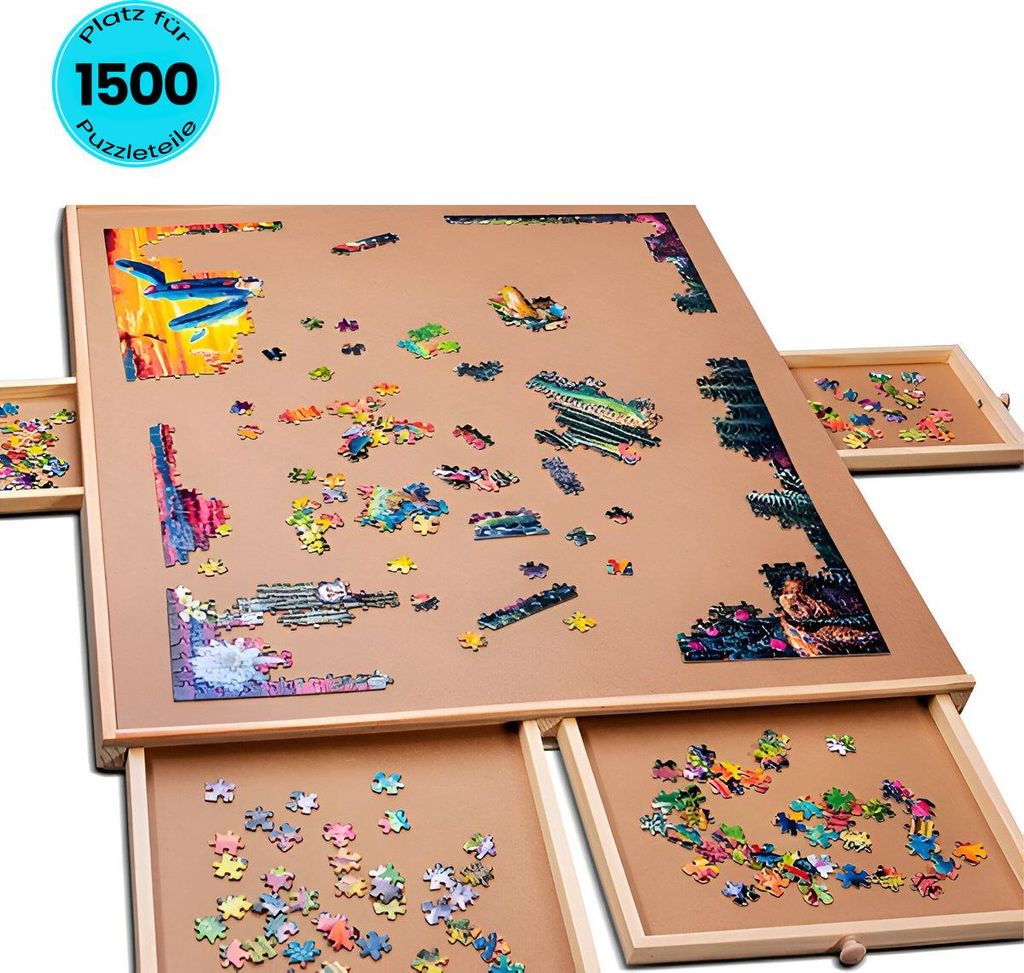 A puzzle board with many puzzle pieces spread across it and in drawers. The board is brown and has a wooden frame. There are also drawers that slide out from the sides and bottom, containing more puzzle pieces.