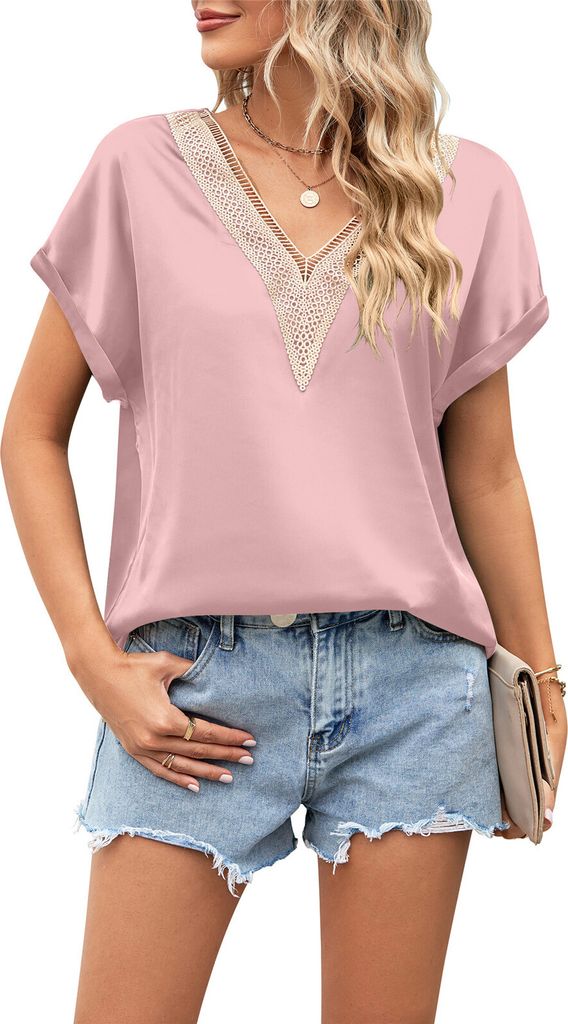 ASKSA Damen T-Shirt Sommer Satin Spitze V-Ausschnitt Oberteile Elegant Casual Bluse Tops, Pink, Groesse: M