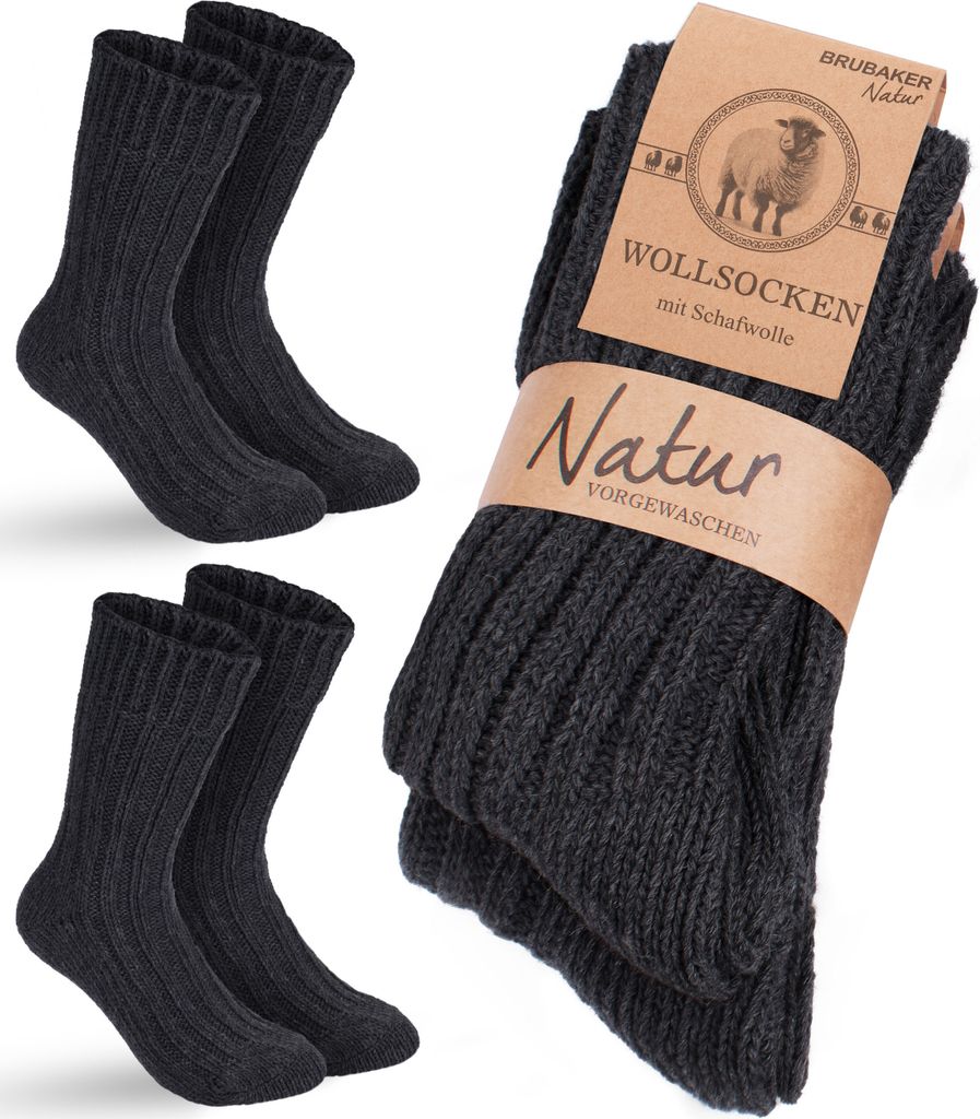 BRUBAKER 2 Paar Wollsocken - Wintersocken für Damen und Herren - Warme Winter Socken - Thermosocken Stricksocken, Anthrazit, Größe 35-38