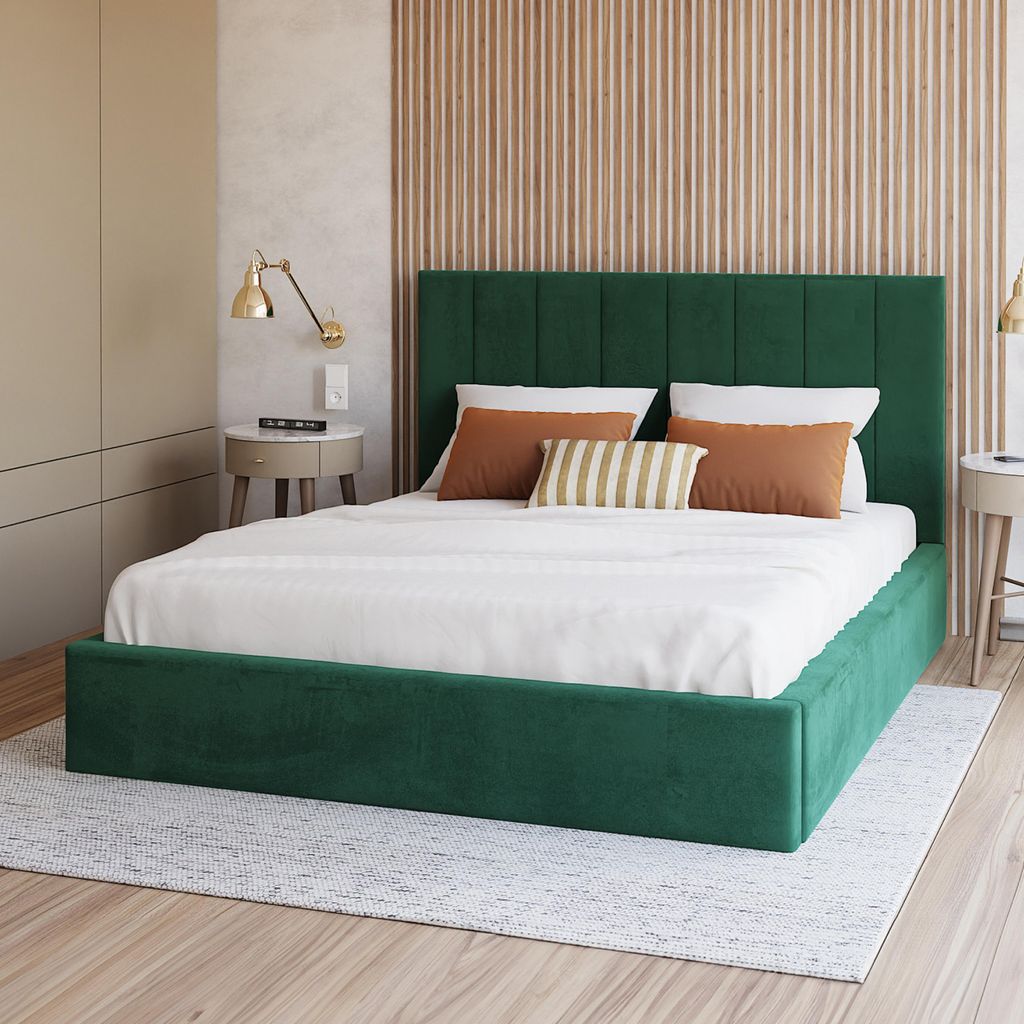 FDM Bett Kaja Trinity 120x200 cm Polsterbett mit Lattenrost aus Metall Bettkasten Stauraumbett Samt dunkelgrün