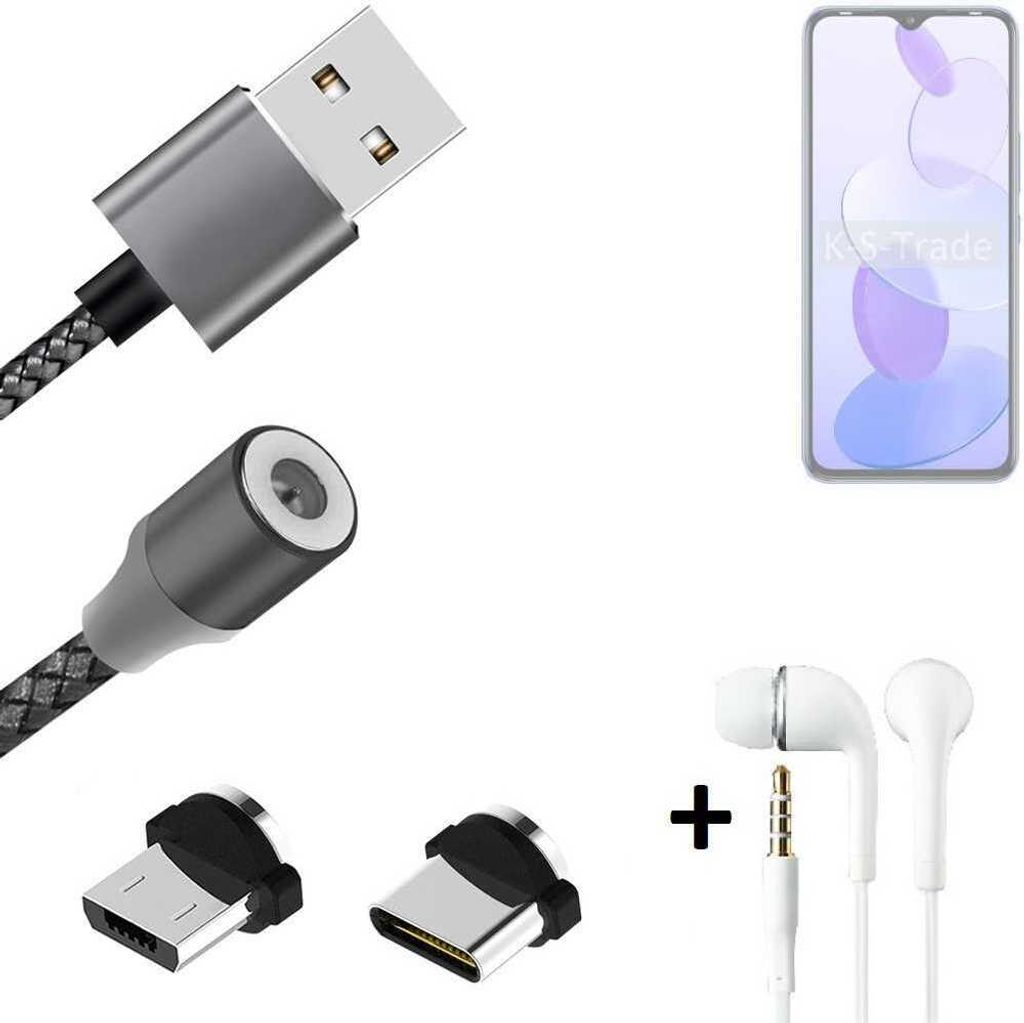 K-S-Trade Hochwertiges Magnet-Lade-kabel Sync-Kabel Daten-Kabel + Kopfhörer für Infinix Smart 6 Plus X6511G mit USB-Typ-C-Anschluss und
