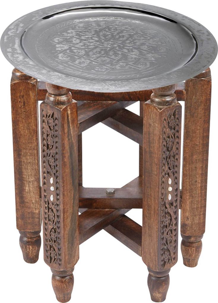 Marokkanischer Runder Tisch Couchtisch Halab ø 40cm rund | Orientalischer Wohnzimmertisch mit klappbaren Vintage Gestell aus Holz in Braun | Table...