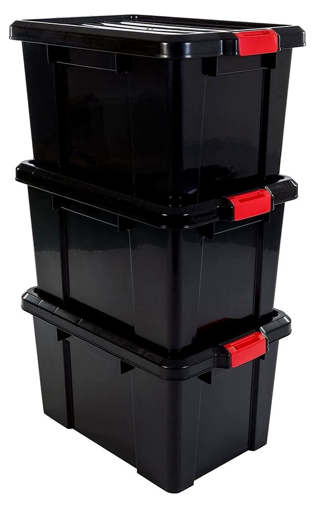 Plastik Aufbewahrungsboxen mit Deckel und Clipverschluss, 50L, 3er Set, Stapelbar, Ineinandergreifend, BPA-frei, Dachboden, Schuppen, Garage, Garag...
