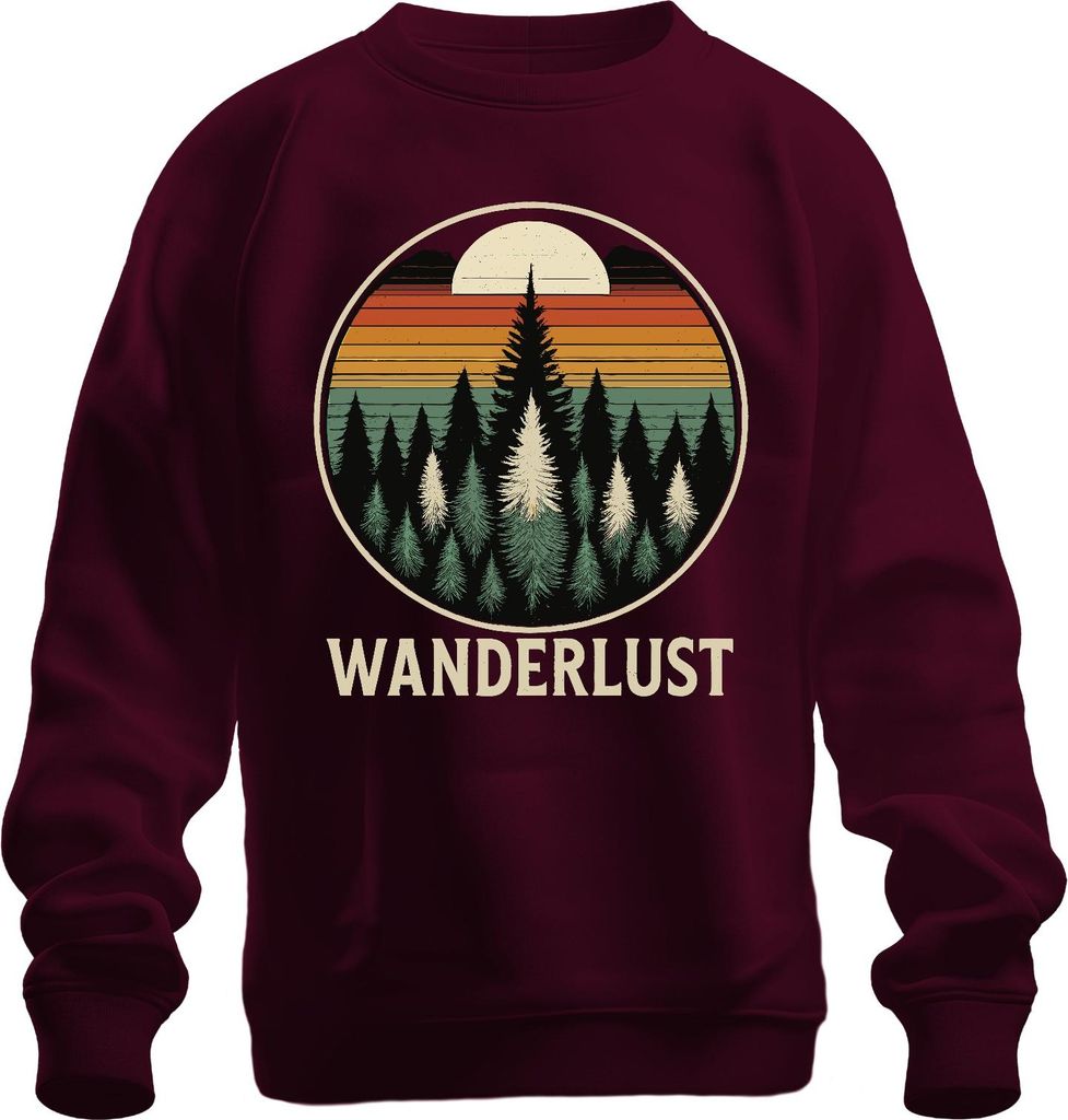 Wanderlust Retro Sonnenuntergang Wald Tannen Camping Wandern Uni Sweatshirt Pullover, Burgundy, XXL