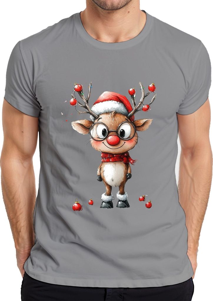 Lustiges Rentier Rudolf mit Brille rote Nase Weihnachten Geschenk Herren T-Shirt, Grau, XXL