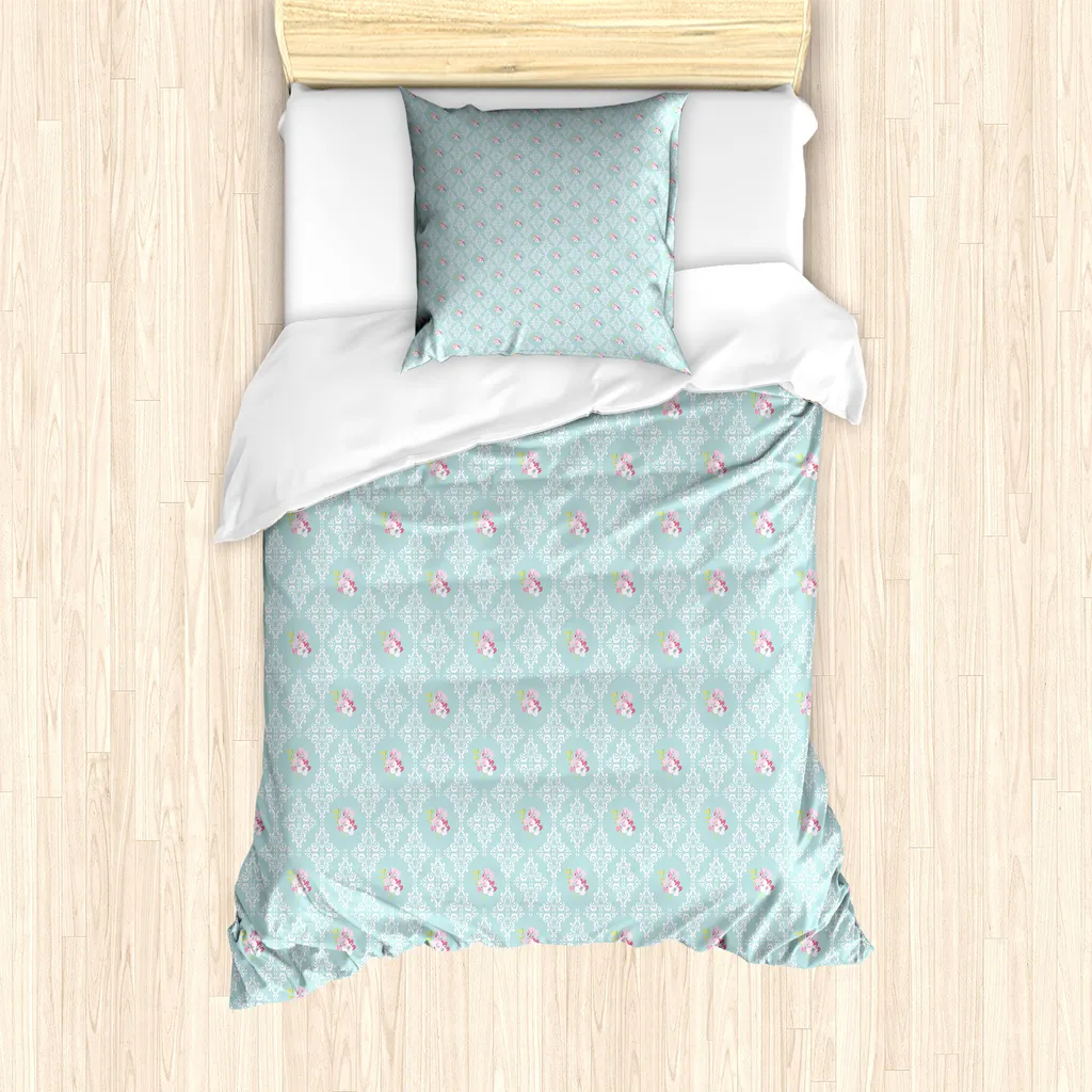 Set copripiumino in damasco ABAKUHAUS per letti singoli, complicati fiori pastello, antiacaro, adatto a chi soffre di allergie, con federa, 135 cm x 200 cm - 80 x 80 cm, blu grigio multicolore