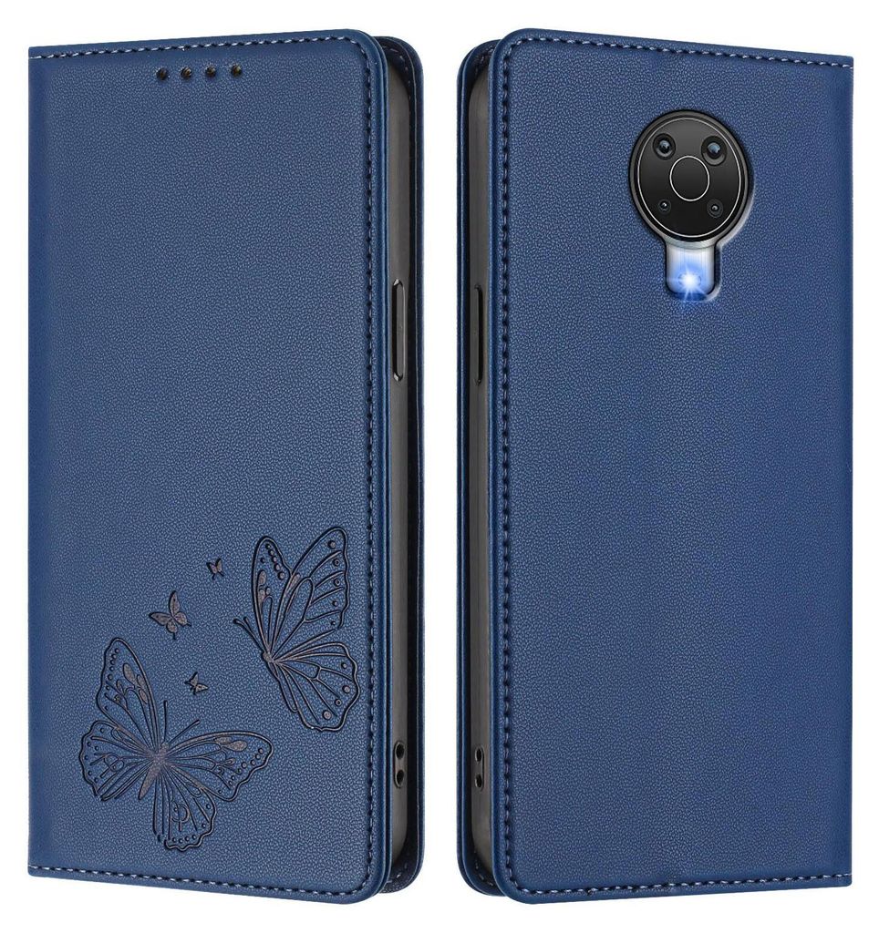 Lederhülle für Nokia G20 /Nokia G10 /Nokia 6.3, Schmetterling Prägung Leder Brieftasche Schutzhülle mit Ständer Dunkelblau