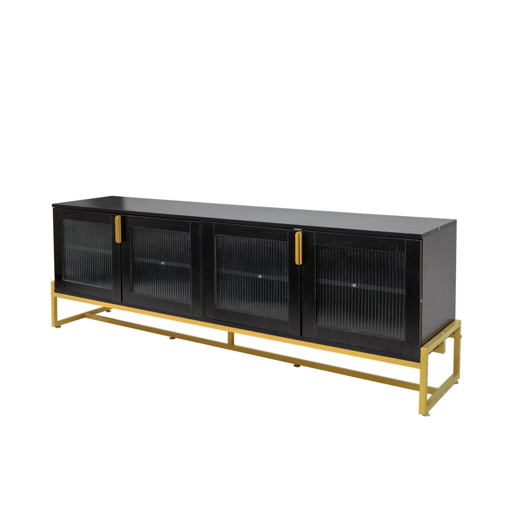 Schwarz-goldenes TV-Schrank TV-Lowboard 180x40x60 cm modernes Luxus-TV-Moebel mit Glastueren Metallbeine Wohnzimmer