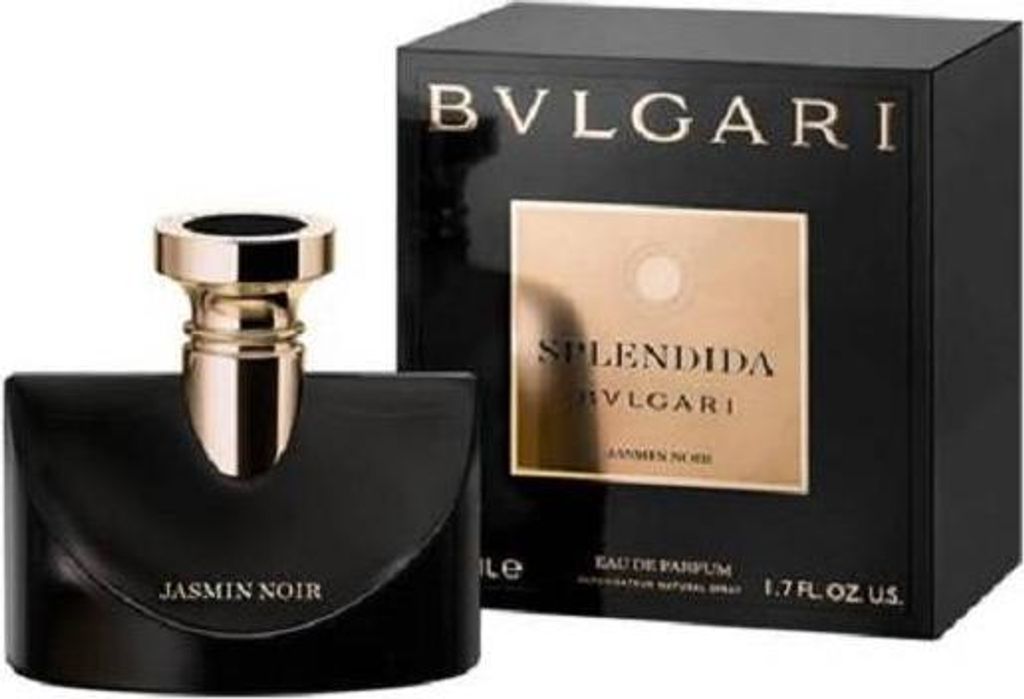 A black Bvlgari perfume bottle and its packaging are displayed against a white background.