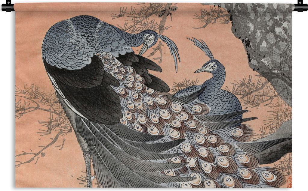 MuchoWow Wandteppich Wandbehang Vintage - Japandi - Pfau - Tiere 60x40 cm Tapisserie Dekoration Wandtuch - Wanddekorationen