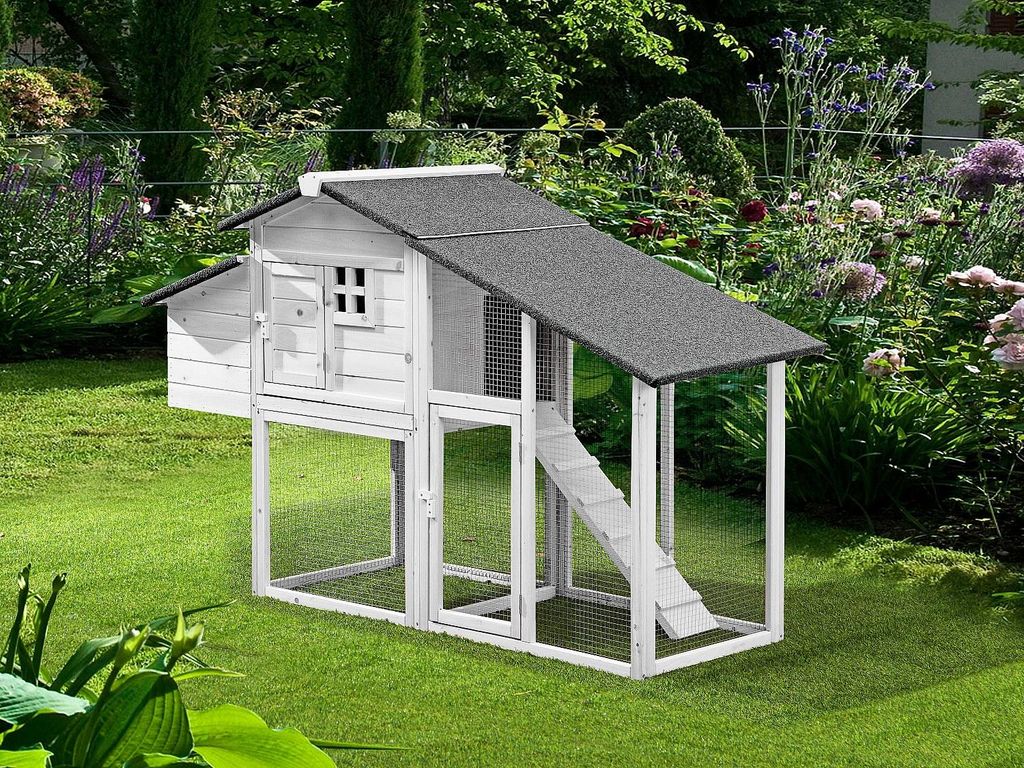 Holzstall mit Auslauf - 4 Hennen - L 173 x B 64 x H 108 cm - Weiß - LEVAS
