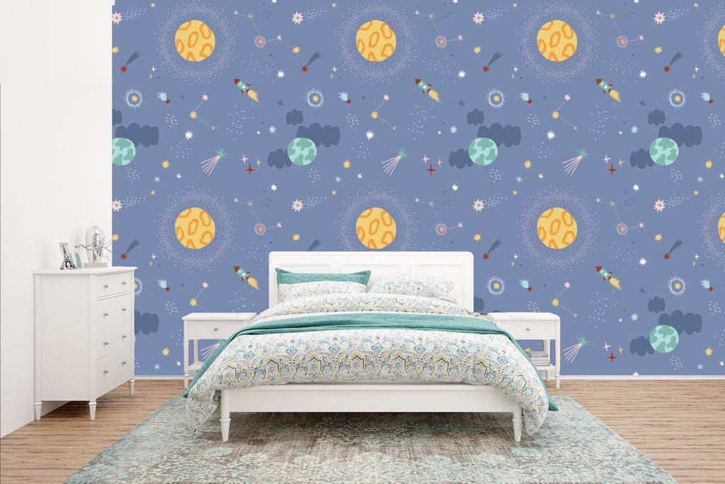 MuchoWow Fototapete für Wohnzimmer oder Schlafzimmer Wandtapete Vinyl Motivtapete Muster - Jungen - Kinder - Raumfahrt - 435x260 cm - Kinderzimmer