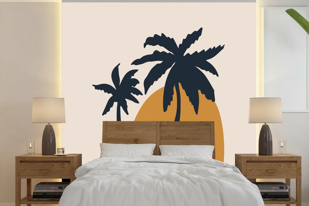 MuchoWow Fototapete für Wohnzimmer oder Schlafzimmer Wandtapete Vinyl Motivtapete Palme - Pastell - Sonne - Orange - 300x300 cm - Wanddekoration