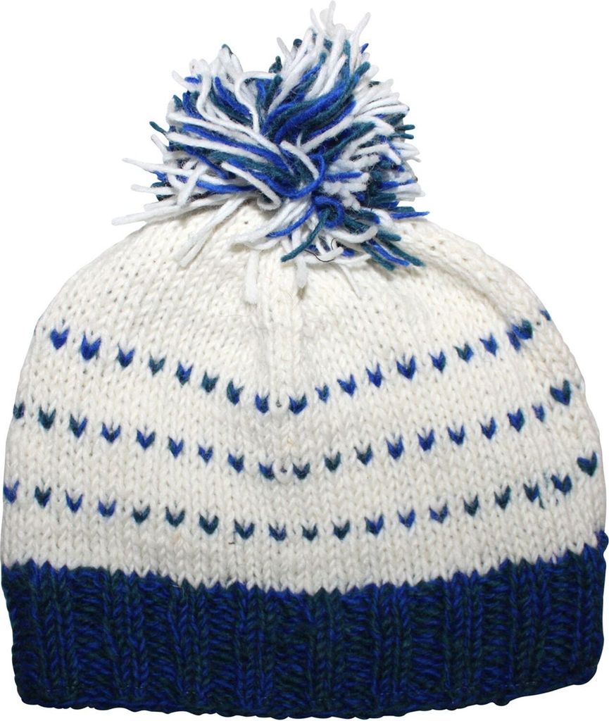 Wollmütze mit Bommel und Streifen Muster - weiß - blau - warme Strickmütze - Bommelmütze