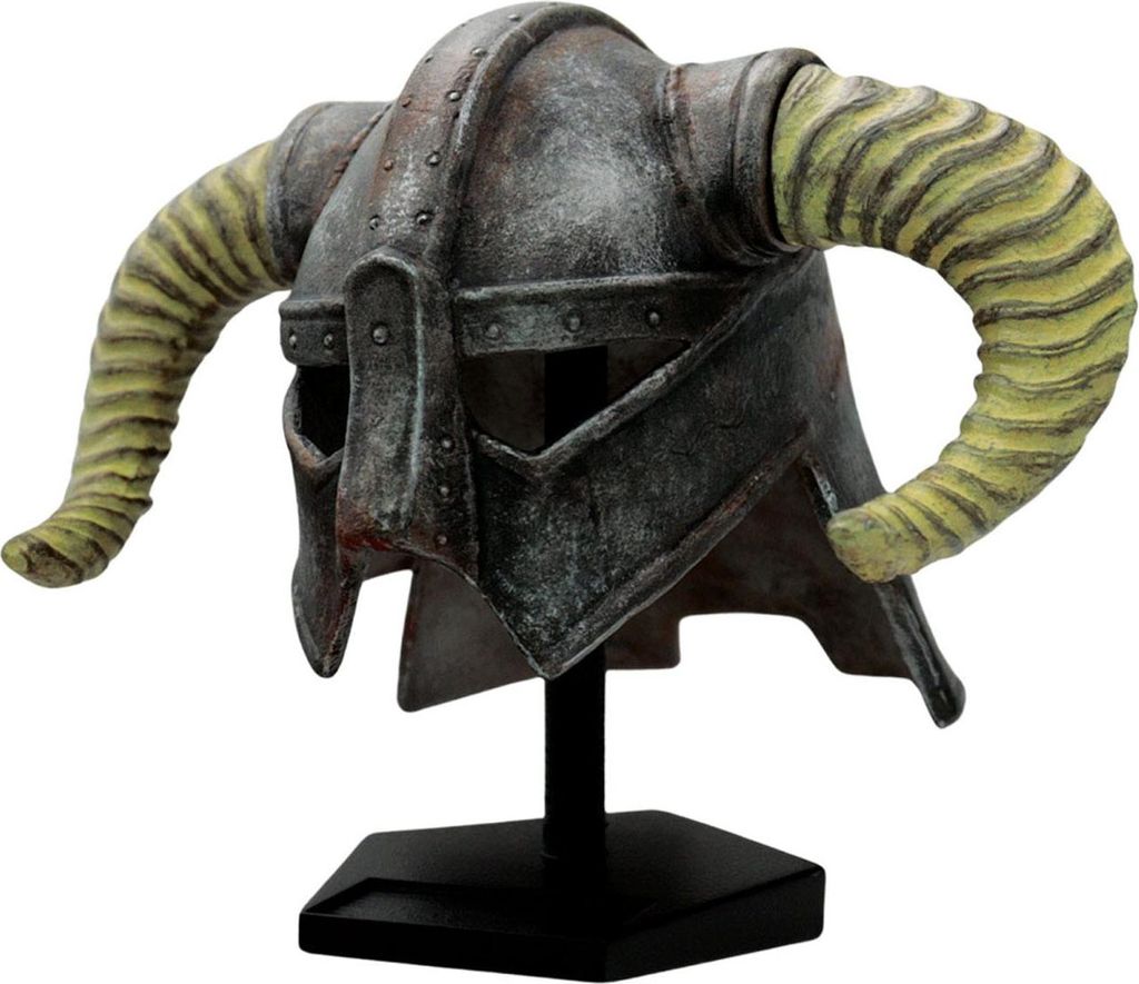 A replica helmet on a black stand against a white background.
