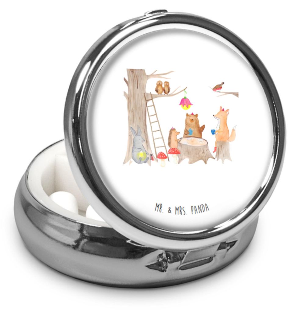 Mr. & Mrs. Panda Pillendose Waldtiere Picknick - Weiß - Geschenk, Tablettendöschen, Fuchs, Igel, Pillenbox, Medikamentenbox, Eichhörnchen, Dose,...