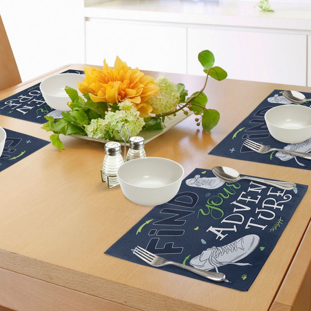 ABAKUHAUS Abenteuer Platzmatten, Jugendlicher Entwurf Finden Ihr Abenteuer-Zitat Waldelemente und Turnschuhe, Tiscjdeco aus Farbfesten Stoff für d...