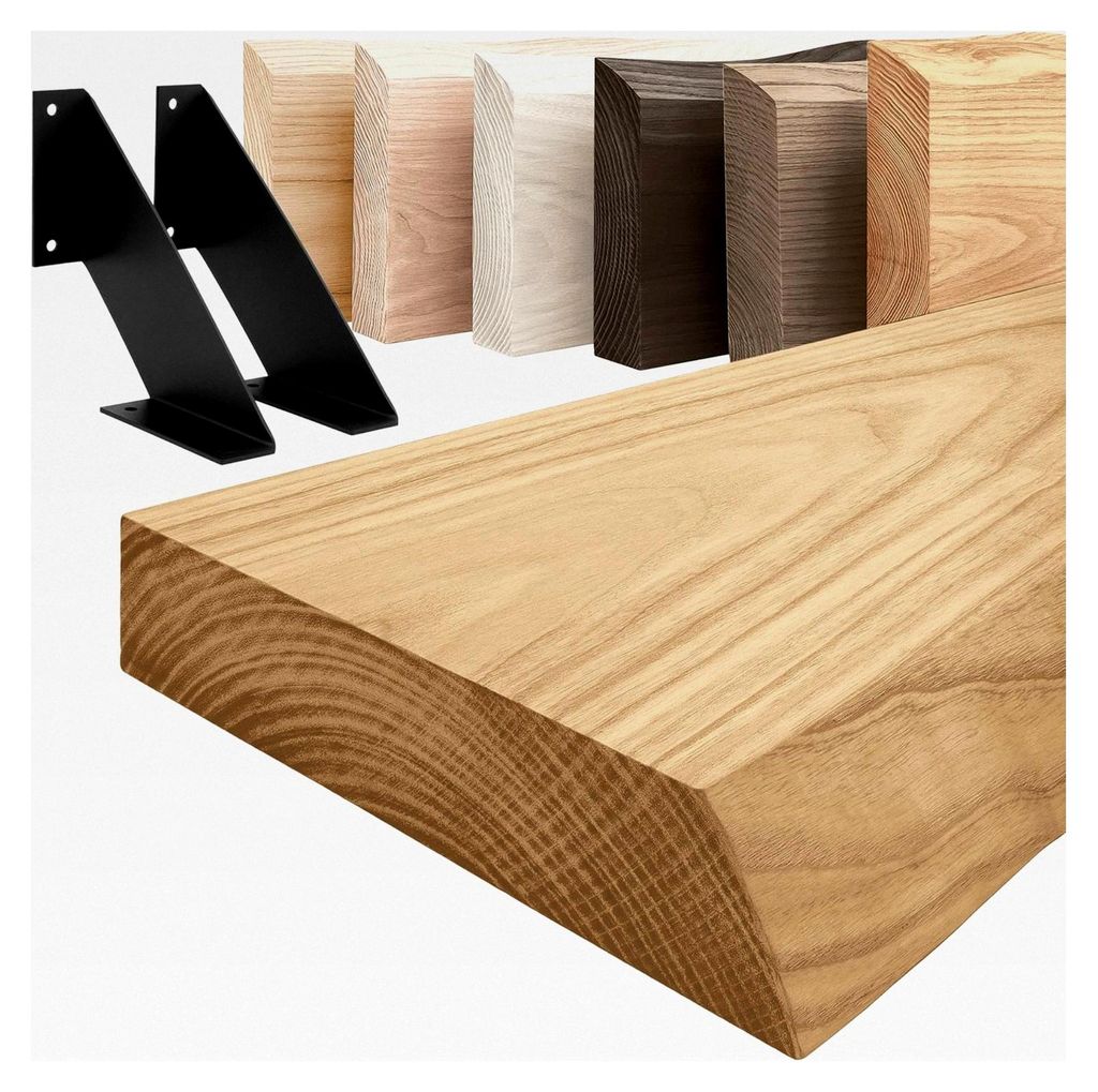 Holzregal mit schwarzen V-förmigen Halterungen | Wandregal 160 cm breit für Badezimmer, Flur, Küche im Industrial-Stil | Farbe: Rustikal, Kante:...