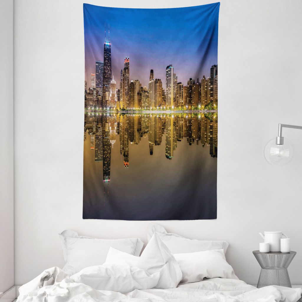 ABAKUHAUS Chicago Skyline Wandteppich und Tagesdecke, Abendlicher Blick aus Weiches Mikrofaser Stoff Waschbar ohne Verblassen Digitaldruck, 140 x 2...