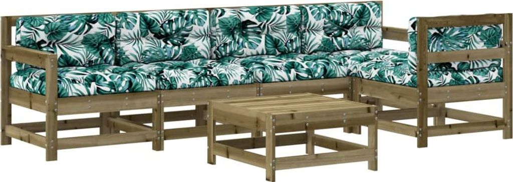 A wooden garden lounge set with green and white patterned cushions and a matching coffee table, set against a white background.