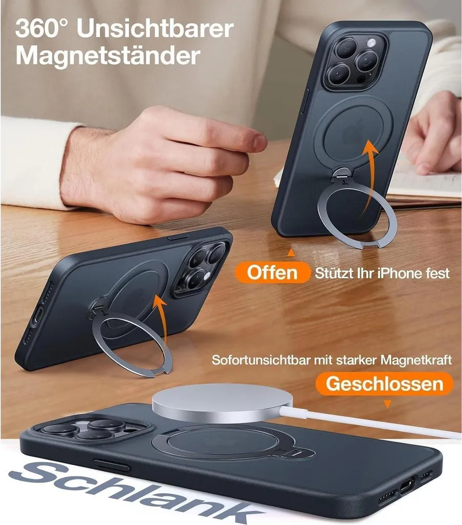 Étui de Protection iPhone 16 Pro Antichoc Noir Mat avec Anneau Spin 360 - 3