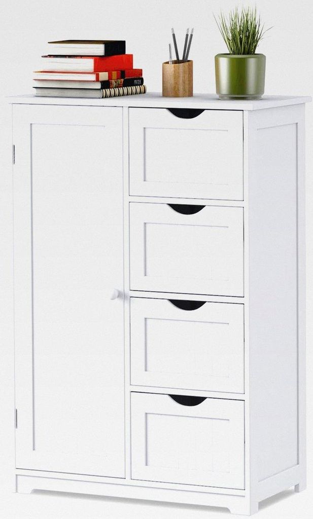 Sideboard Badezimmerschrank, Aufbewahrungsschrank Badschrank aus Holz, Badezimmer Kommode mit 4 Schubladen & Verstellbarer Regalebene, Beistellschr...
