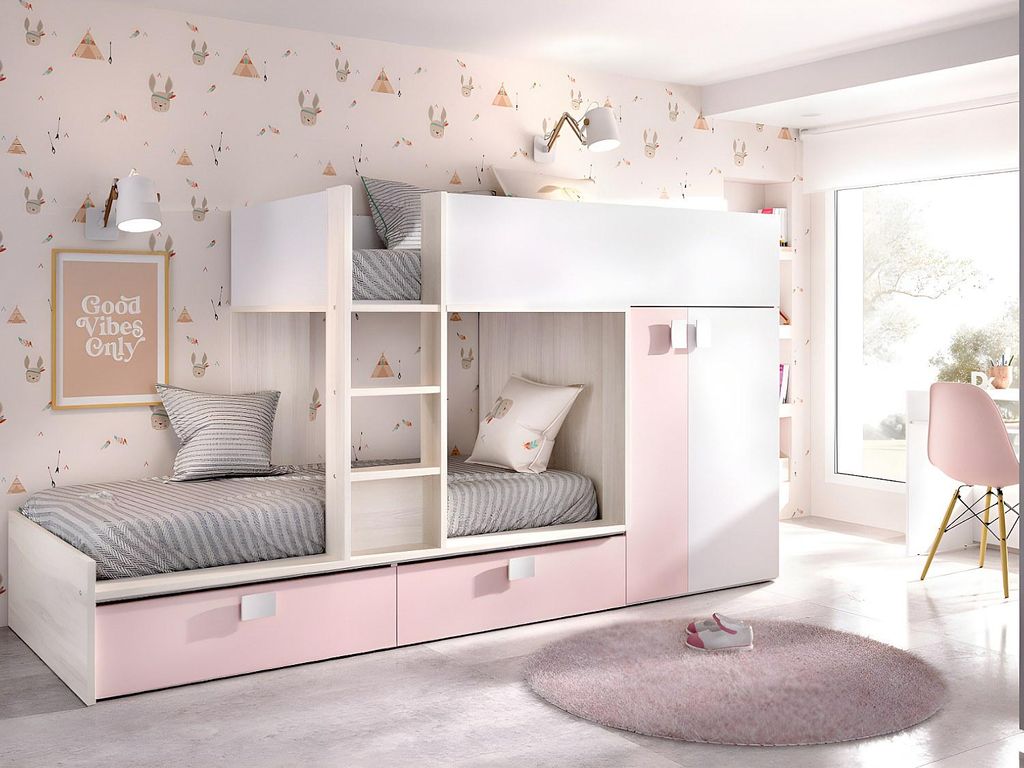 Etagenbett - 2 × 90 × 190 cm - Einbauschrank - weiß, natur und rosa - komplett mit Matratzen - JUANITO